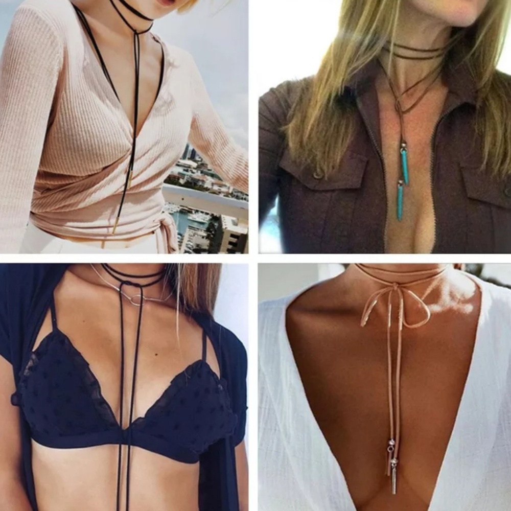 Long Vegan Leather Boho String Choker Necklace - Picture 2 of 8